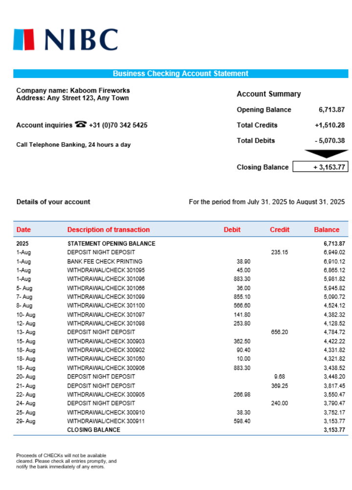 Relevé de vérification de l'organisation commerciale de la Banque NIBC Format Word et PDF